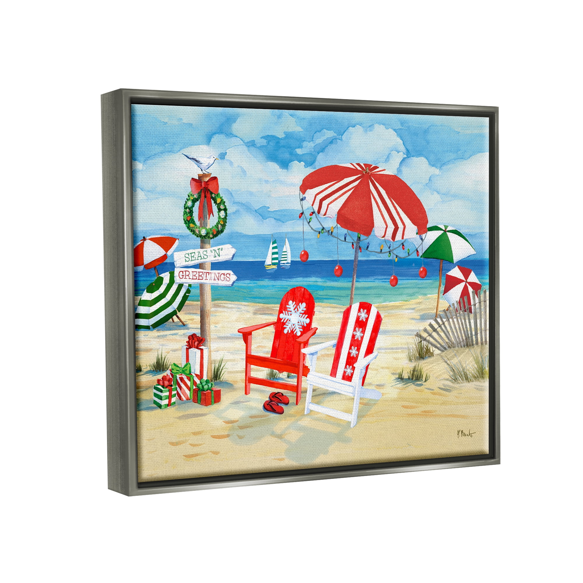 Stupell Industries Seas 'N' Greetings Scene Holiday Painting Gray Floater Framed Art Print Wall Art, 31 x 25