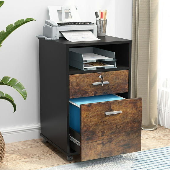Tribesigns 2 Drawer Mobile File Cabinet with Lock, Wood Rustic Filing Cabinet for Letter Size, Printer Stand with Rolling Wheels and Open Storage Shelf for Home Office (Brown)