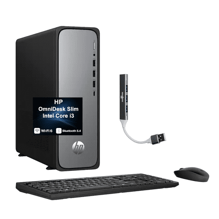 HP OmniDesk Slim Professional Desktop (Intel i3-13100, 16GB DDR5, 512GB PCIe SSD, Intel UHD 730, 180W PSU, WiFi 6, Bluetooth 5.4, RJ-45, 1 Display Port, HDMI, Win 11 Pro) w/DKZ USB Port Expander