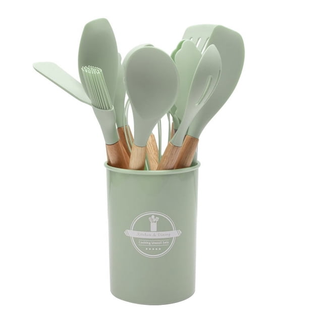 Juego de 12 utensilios de cocina con mango de madera de silicona, utensilios de cocina anticalor, pala para wok, cuchara de silicona, utensilios de cocina de silicona