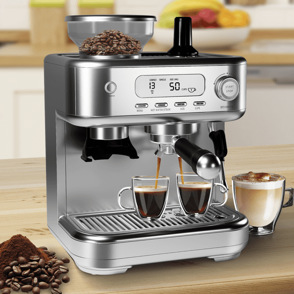 Danolapsi 15 Bar Espresso Machine with Built-in Conical Burr Grinder&Milk Frother,Integrated Coffee Maker with PID Temperature Control,LCD Display, Stainless Steel Milk Frother for Lattes&Cappuccinos