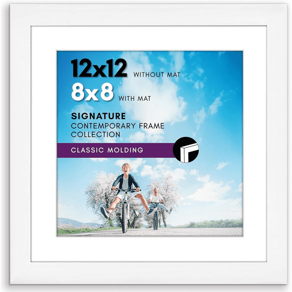 12x12 Picture Frame with Shatter-Resistant Glass - Use as 8x8 Frame with Mat or Display 12x12 Photo Without Mat - Signature Collection - Square Frames for Wall Display - White