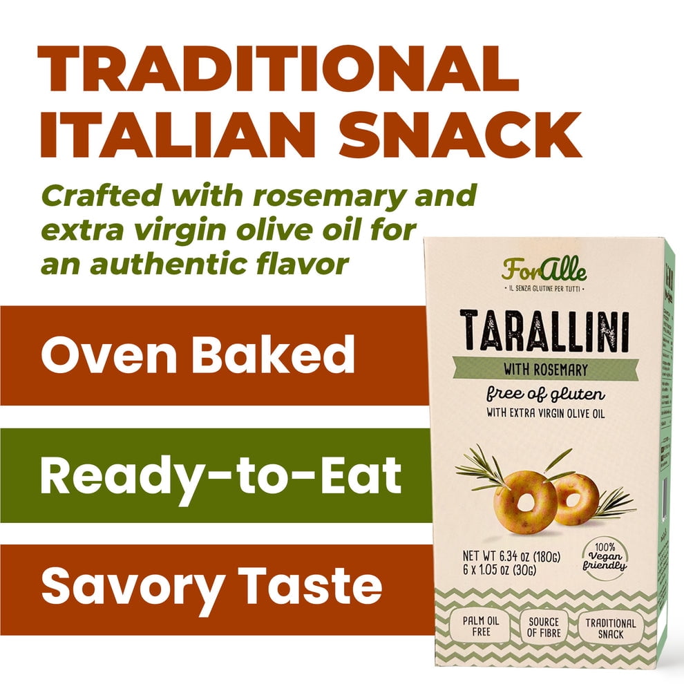 For Alle Gluten Free Tarallini with Rosemary and Extra Virgin Olive Oil, 6x1.05 oz (6.34 oz) – Traditional Italian Pugliese Snack. Oven-Baked. Vegan. Cholesterol-Free. (Pack of 2)