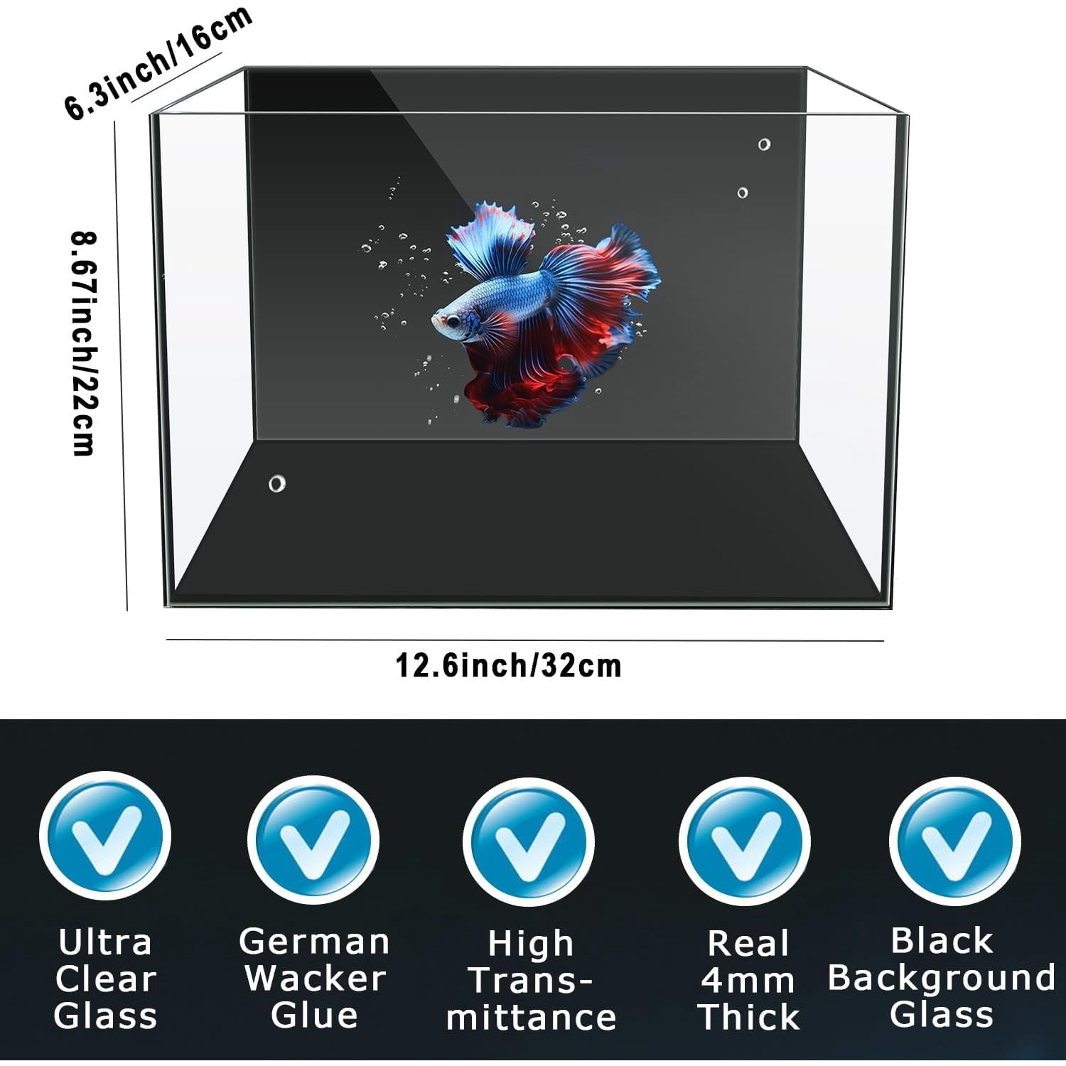 3 Gallon 12.6” L Fish Nano Glass Aquarium, with Separator Plate for Betta, Multi-Functional Square Fish Tank with Filter, LED Light, Black 4mm Glass