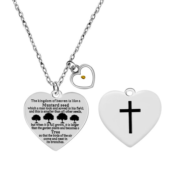 Uloveido Fashion Double Sided Bible Verse Cross Heart Pendant Necklace, Stainless Steel, Mustard Seed Charms Tree Necklace Y956 (heart)