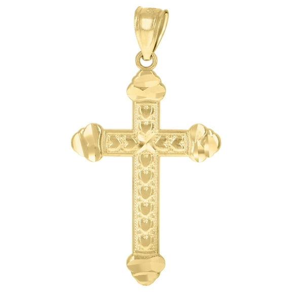 10kt Yellow Gold Unisex Textured Hearts Budded Cross Religious Charm Pendant