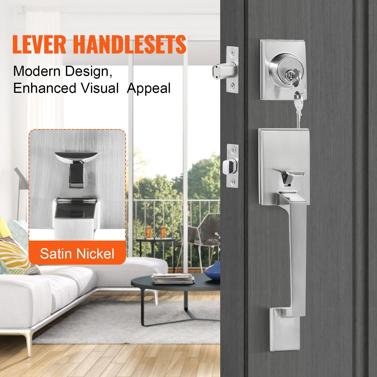 Entry Door Handle with Deadbolt Zinc Alloy Die-Casting Adjustable Hole Spacing Reversible for Front Office Use