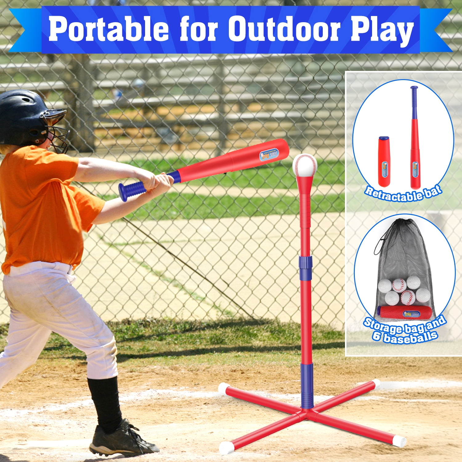 Beefunni 3-in-1 Baseball Set for Toddlers Kids 3-8 - Tee Ball Stand, Hanging Tee, Ball Launcher and 6 Baseballs -  Indoor/Outdoor Sport Gifts for Boys (Red&Blue)