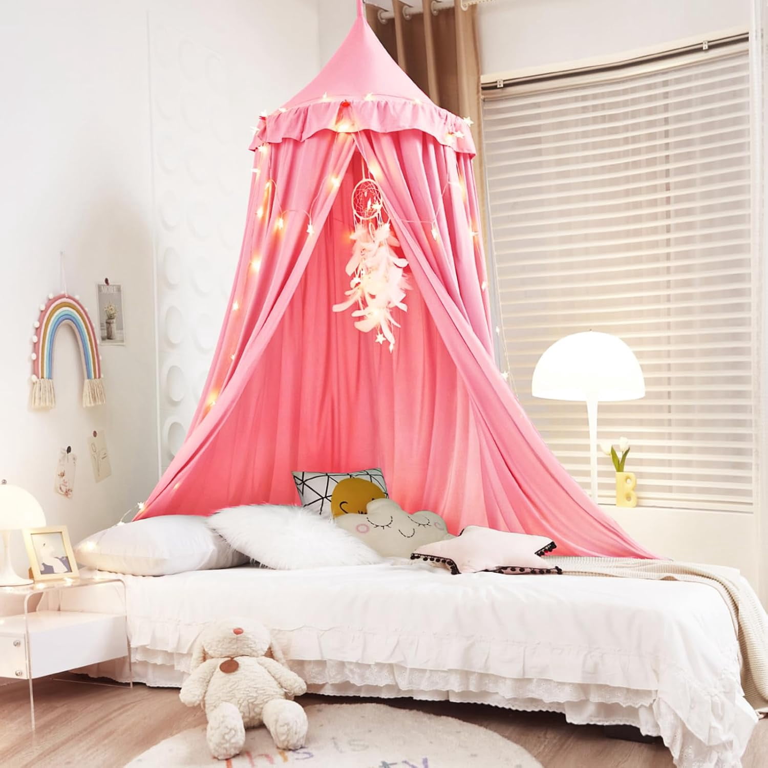 Decor Canopy for Kids Bed, Soft Smooth Playing Tent Canopy Girls Room Decoration Princess Castle, Dreamy Mosquito Net Bedding, Children Reading Nook Canopies in Home (Nordic Pink)