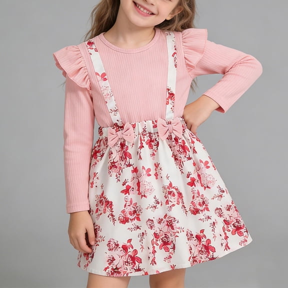 ITSAME Casual Dress for Girls, Long Sleeve Ruffle Cute Bow Cinched Waist Summer Casual Fashion Printed Dress White 2-3T