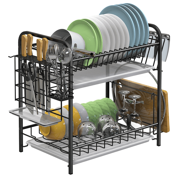 Auledio Houseware 2 Tier Dish Drying Rack, Plate Rack with Drainboard for Kitchen Countertop, Black