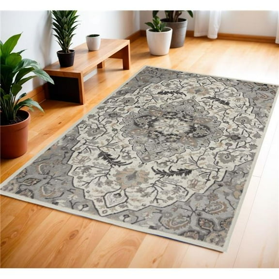 HomeRoots 553527 4 x 6 ft. Floral Medallion Non Skid Rectangle Area Rug, Ivory, Black & Gray
