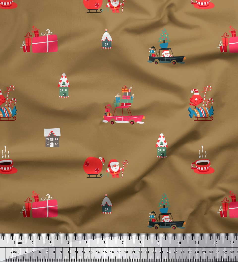 Soimoi Rayon Fabric House,Gift Box & Santa Christmas Printed Fabric 1 Yard 56 Inch Wide