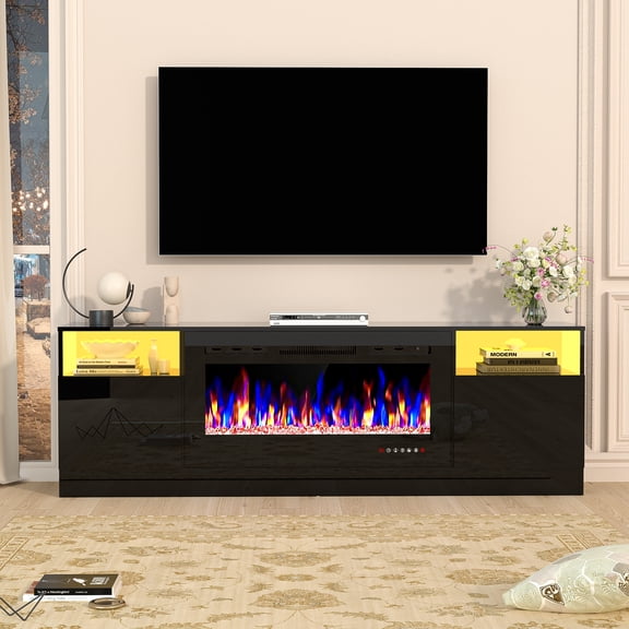 HARIPUL 70" Fireplace TV Stand for TVs Up to 80" with 36" Electric Fireplace, TV Console for The Living Room, LED Light Entertainment Center, Storage Cabinet, Media Console Table, Black