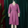 thumbnail image 4 of AURA Plus Size V Neck A Line Midi Dress High Waist Pleated 3 4 Sleeve Belted Elegant Fall Winter Work Dress, 4 of 10