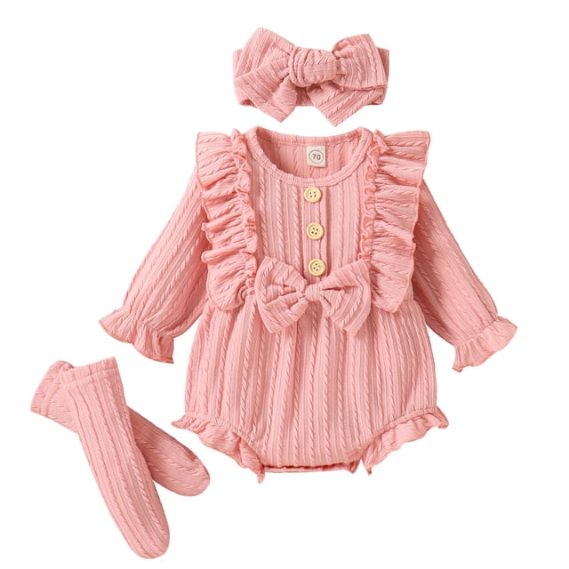 WRKEKC Infant Ruffle Knit Romper Set Matching Headband Button Front Thickened Warm Snug Comfortable Fitting Fall Winter Jumpsuit for Boys and Girls 0-12 Months