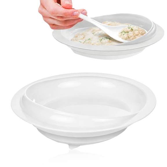 2 Pack Spill Proof Plates for Seniors, High Rim Adaptive Dinnerware with Non-Slip Silicone Base, Self-Feeding Plates for Seniors and Elderly, White