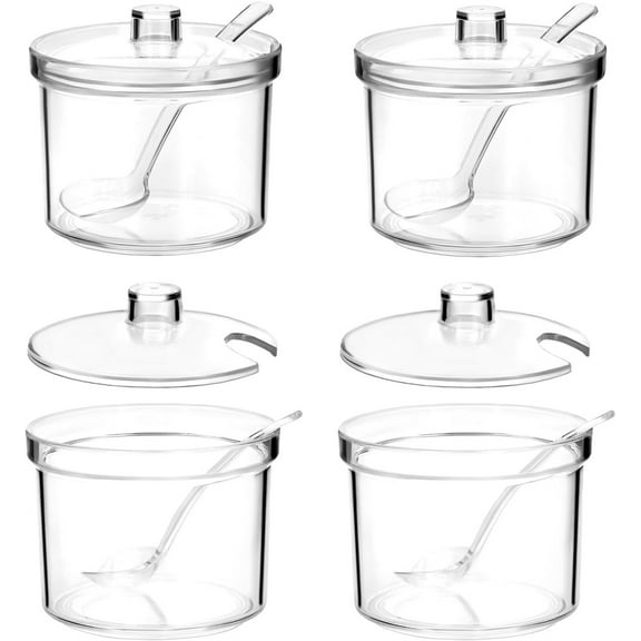 4 Pcs Clear Sugar Bowls with Lid,Bexikou 7.1oz Clear Acrylic Sugar Bowl with Spoon and Lid,Condiment Bowls Lids for Sugar, Salt, Tea, Spices, Herbs, Condiments