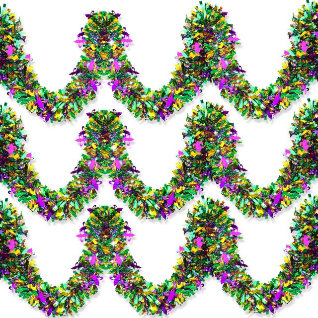 Doingart - Guirnalda de 3 piezas para decoración de Mardi Gras, 2 m, espumillón colgante, serpentinas, verde, dorado, morado, metálico, brillante, para decoración de fiestas
