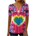 thumbnail image 2 of VKOYWKM Womens Valentine's Day Shirts Trendy Tie Dye Heart Print Hide Belly T-Shirts Short Sleeve Button V Neck Henley Shirt Pleated Empire Waist Tunic Tops, 2 of 5