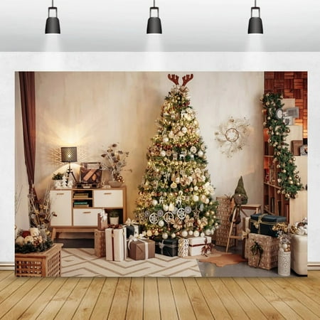 Image of Christmas Tree Gifts Interior Room Bookcase Scene Child Portrait Family New Year Party Photography Backdrop Photo Background