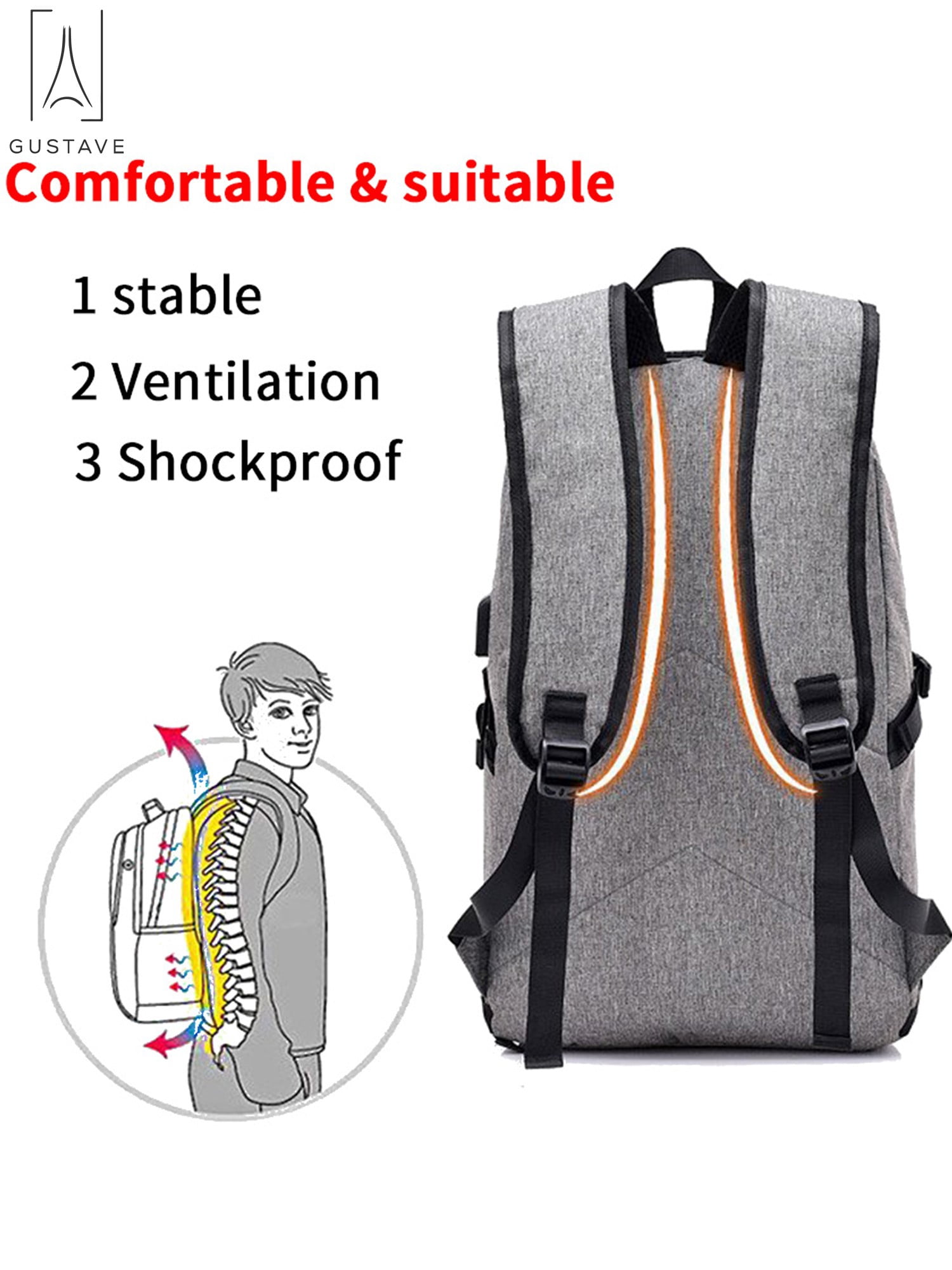 Gustave Laptop Backpack Water Resistant Anti-Theft College Backpack with USB Charging Port and Lock 17Inch Compurter Backpacks for Women Men, Casual Hiking Travel Daypack "Black"