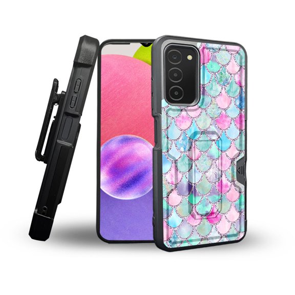ANJ  Rugged Shockproof Holster Case Card Slot Kickstand   Tempered Glass Cover for Samsung Galaxy A03s - Mermaid Scales