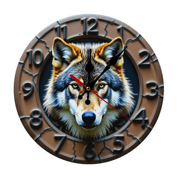 Cool Wolf Face Wall Clock 10 Inch Silent Non Ticking Round Wooden Clock Decoration for Living Room Kitchen Bedroom Bathroom Office Classroom