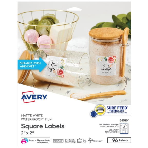Avery Waterproof Square Labels, 2" x 2", White, 96ct (64510)
