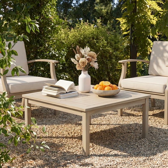 Christopher Knight Home 35" Square Outdoor Acacia Wood Coffee Table, Rustic Design, Light White