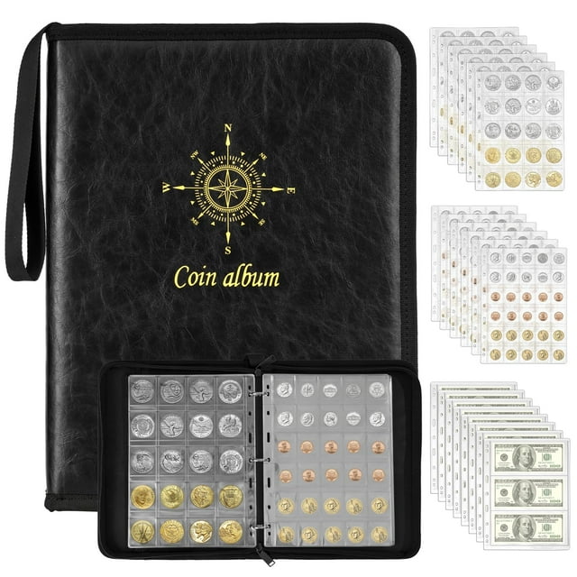 Álbum encuadernador Coin Collection con 300 bolsillos para monedas y 24 bolsillos para billetes