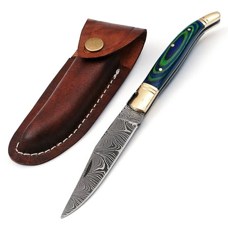 Damascus steel folding knife with leather sheath 8.5 inches long laguiole pocket knife with 4 inches long Damascus steel Blade 4.5 inches Green multi colored wood scale with Brass bolster and pommel