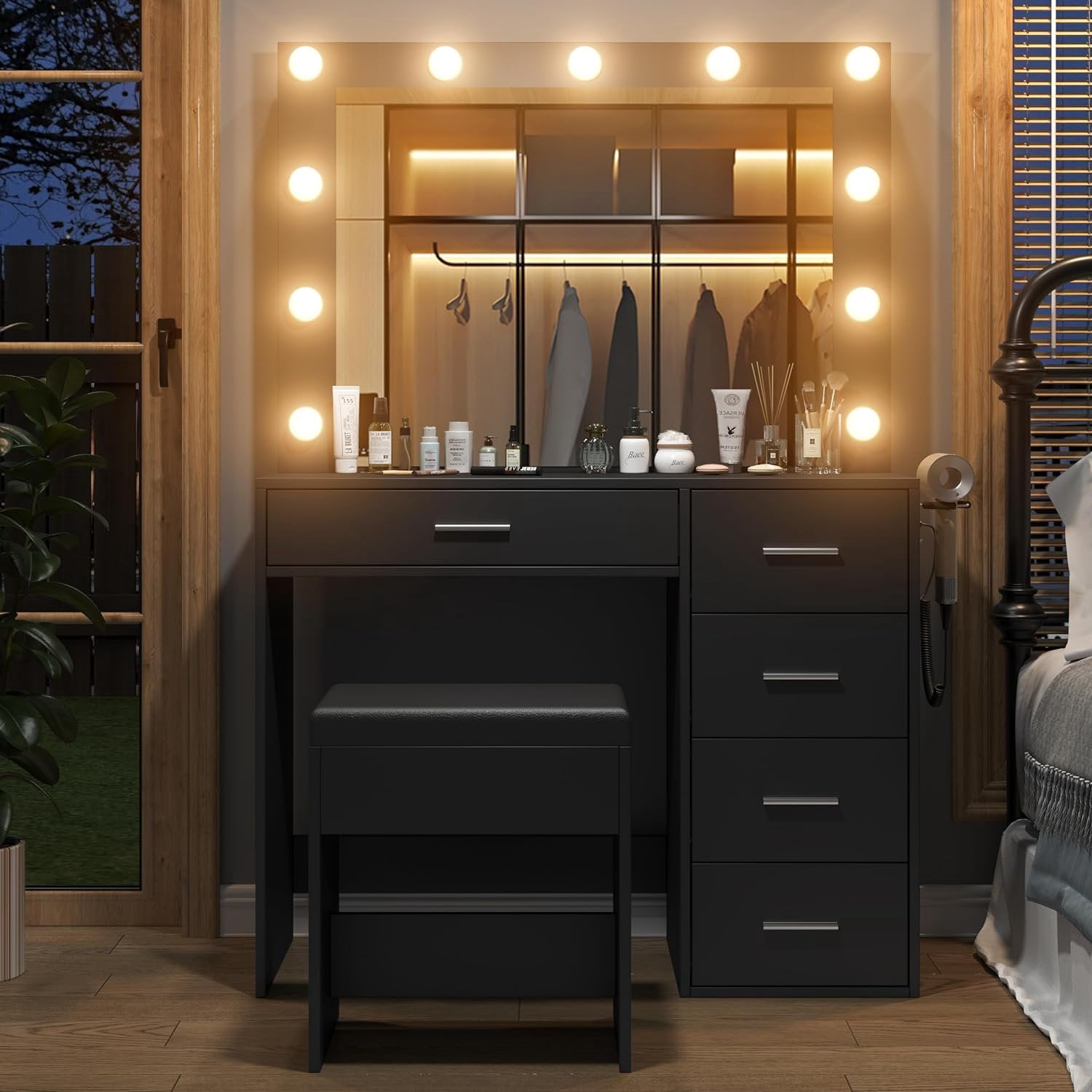 Vanity Desk With Power Outlet, Makeup Table With Lighted Mirror, 3-Color Adjustable Lighting, Drawers, Black Vanity Table Set For Women & Girls
