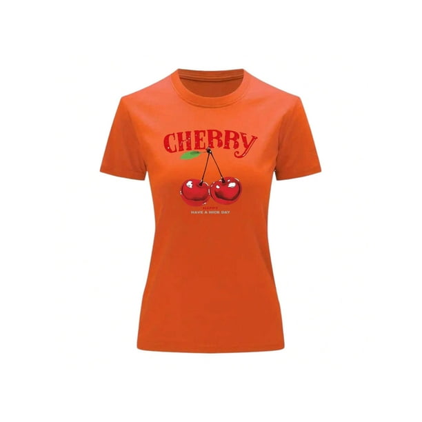 Playera Blusa De Cerezas Cherry Happy Have A Nice Day Casual Ropa Para Mujer Ropa De Dama Color Anaranjado Talla Mediana Marca Emil SaEs