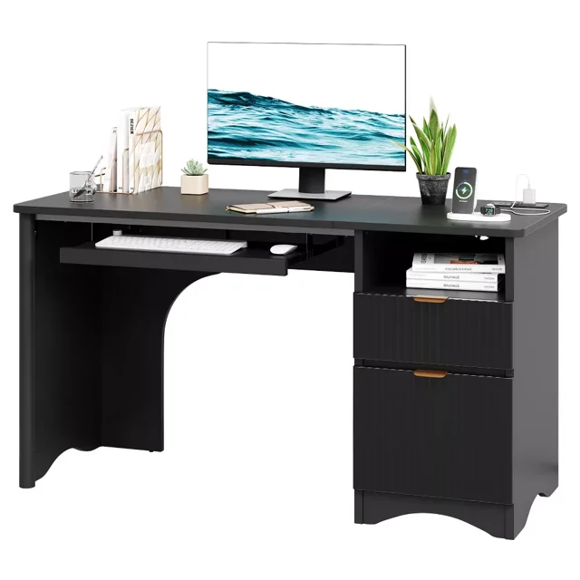 Bestier 55" Home Office Desk with Power Outlet & Keyboard Tray | Built-in USB Ports, File Drawer, Cable Management | Modern Computer Desk for Study, Gaming, Work, Blcak