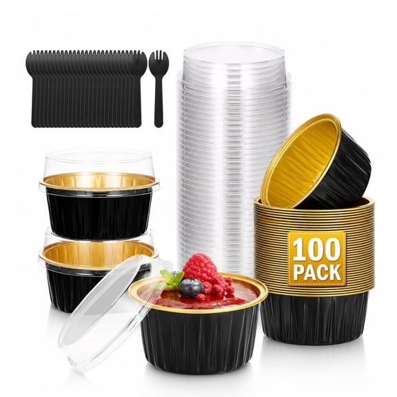100 Pack 5 Oz Mini Cake Pans with Lids & Forks, Disposable Aluminum Foil Cake Pans, Muffin Cupcake Liners for Wedding, Party and Birthday