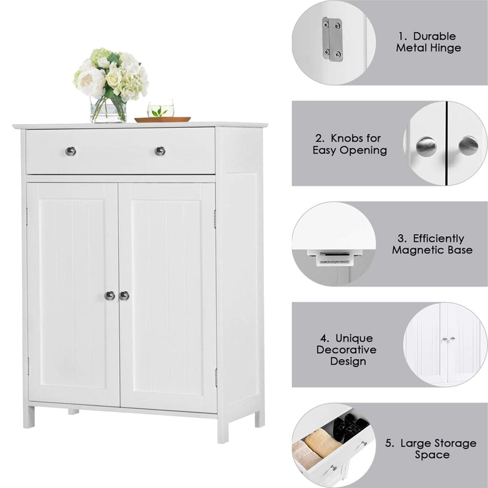 FASCK Wooden Bathroom Storage Cabinet, Modern Bathroom Organizer Cabinet with 3 Heights Adjustable Shelf, Drawer & 2-Door Shelf for Living Room Entryway, Easy Assembly, White