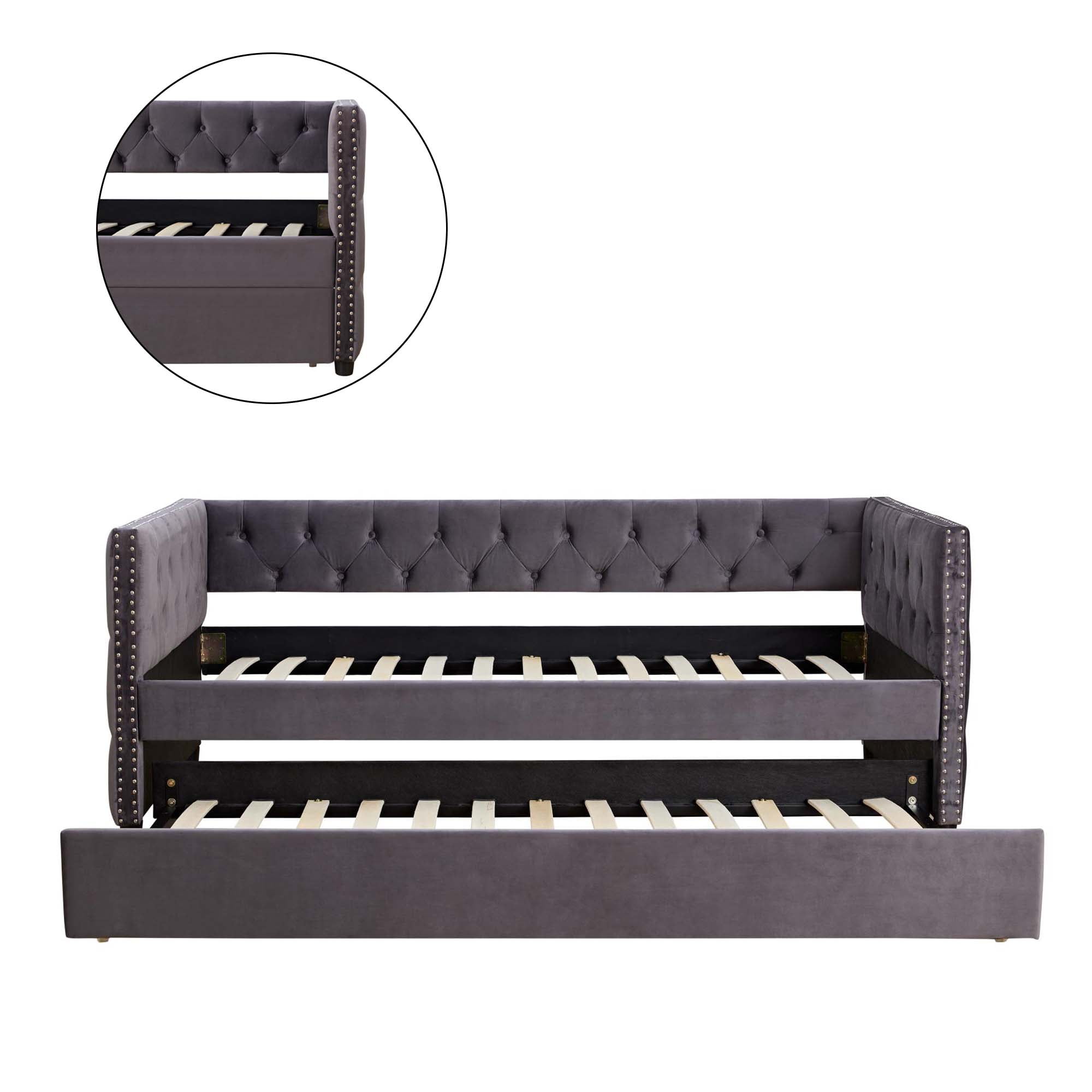Aukfa Upholstered Daybed with Trundle, Twin Trundle Bed, Button Tufted - Gray