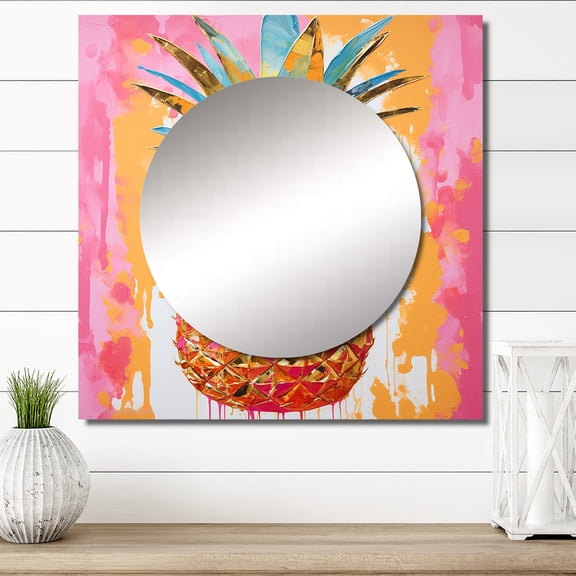 Designart "Geometric Pineapple Fruit In Gold" Fruits Square Mirror For Wall Decor - Large Pink Square Mirror Printed Wall Decor - Traditional Square Living Room Mirror