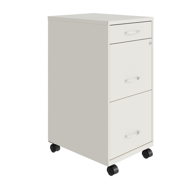 18-inch deep 3-drawer mobile metal file cabinet in pearl white, featuring two high-sided file drawers for letter-size hanging files and a top pencil drawer for office supplies. Includes casters for mobility, a built-in lock for the top two drawers, and a smooth glide suspension for easy drawer operation. Made of painted steel with a non-porous, easy-to-clean surface.