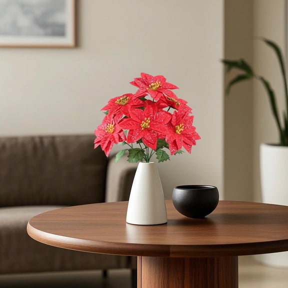 7-Heads Realistic Simulated Flower Bouquet - Fake Flowers Home Decoration for Living Room, Bedroom, Table Centerpiece Indoor Floral Arrangement, 12.2in/31cm, Red