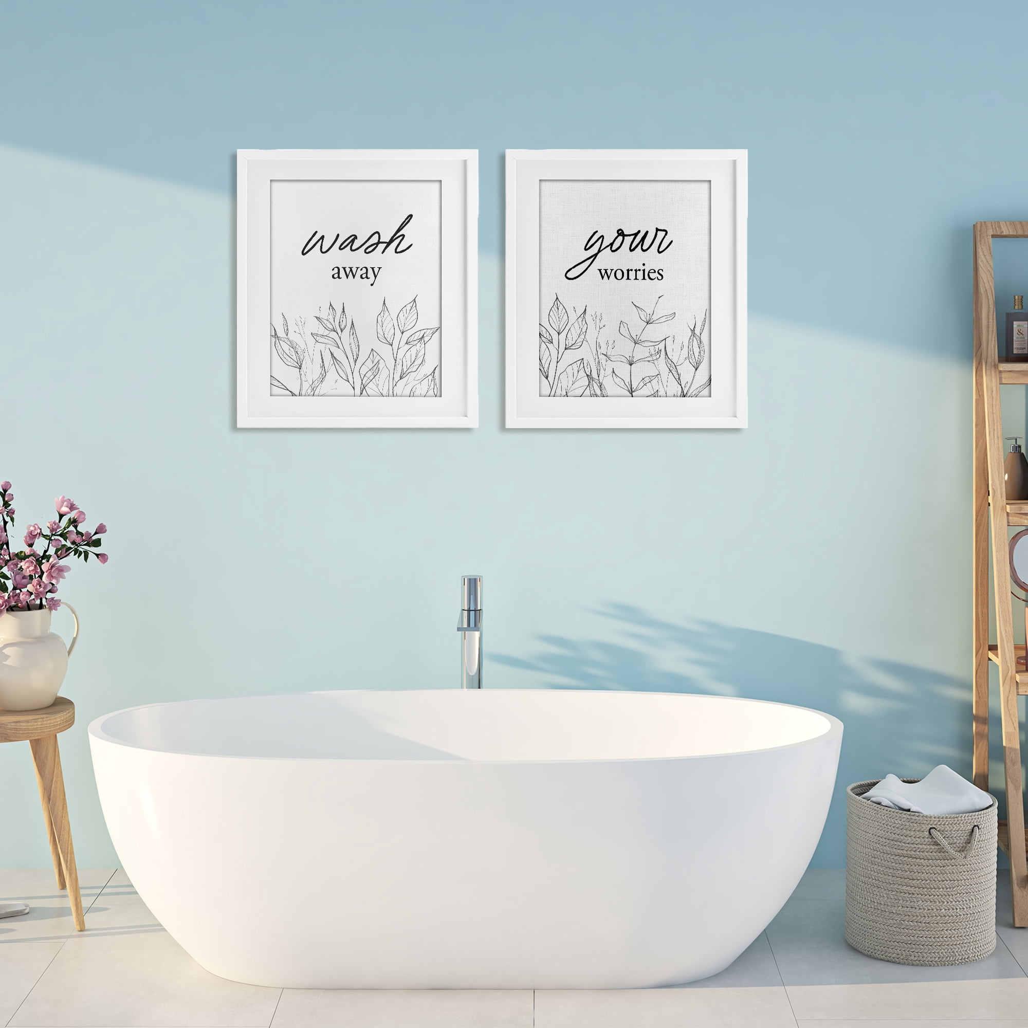 Wash Away Worries Minimalist Leaves 2 Piece White Framed Print Under Glass Set, design by Lettered and Lined