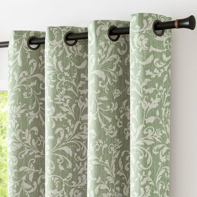 Curtainking Blackout Curtains for Bedroom Thermal Curtains Floral Patterned Living Room Vintage Country Curtain 84 inch Long 2 Panels Green on Beige. These curtains feature a soft green floral pattern on a beige background, made from 100% polyester with a silky texture. The set includes two panels with 8 matte silver metal grommets for easy hanging. Designed to block 80% of light, reduce noise, and provide privacy, they are suitable for bedrooms, living rooms, nurseries, and more. Machine washable and environmentally friendly.
