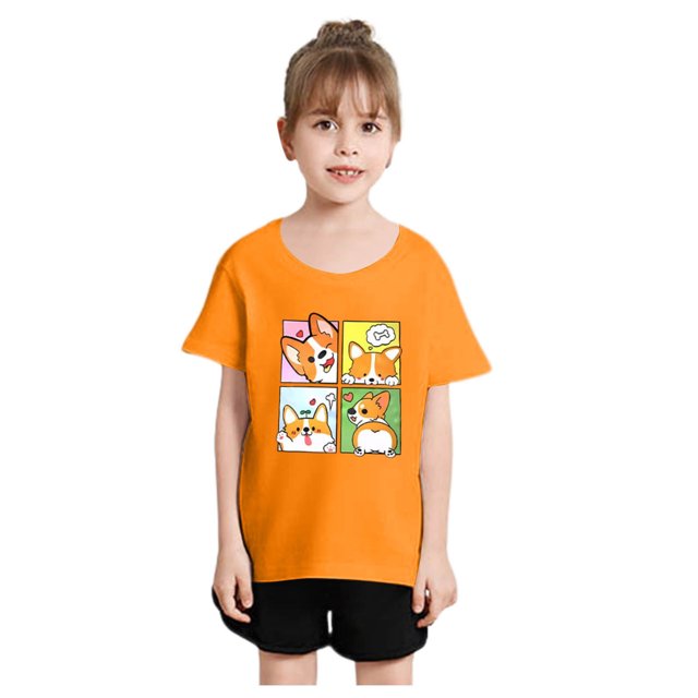 Chemises pour Fillettes Mode Personnalité Imprimée Col Rond Manches Courtes Tee Été Décontracté Ample Hauts Filles Orange 4 Ans-6 Ans