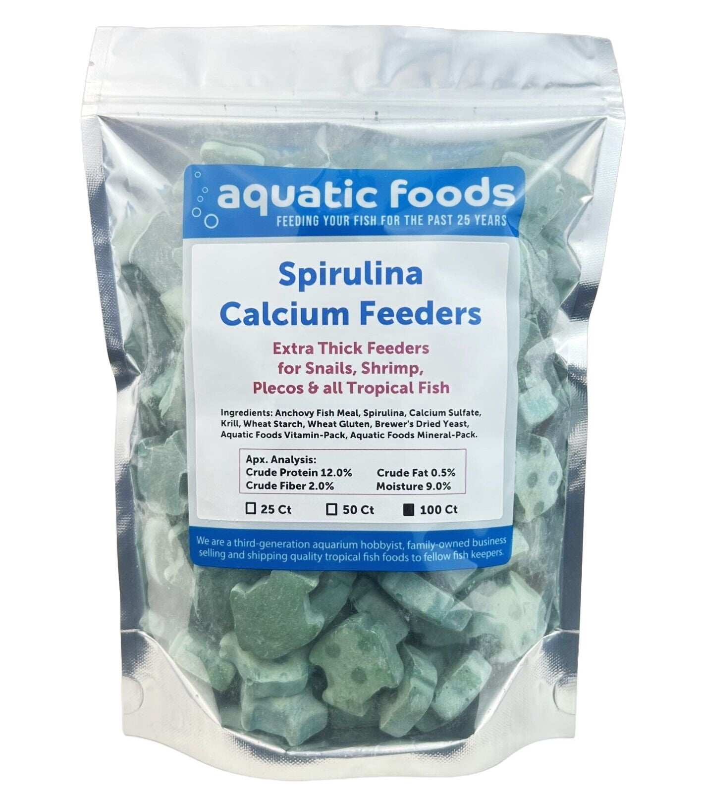 Aquatic Foods Inc. Spirulina Enriched Calcium Feeders for Shrimp, Snails, Crabs, Crayfish, Pleco, Catfish, All Tropical Fish…100 Count Bag