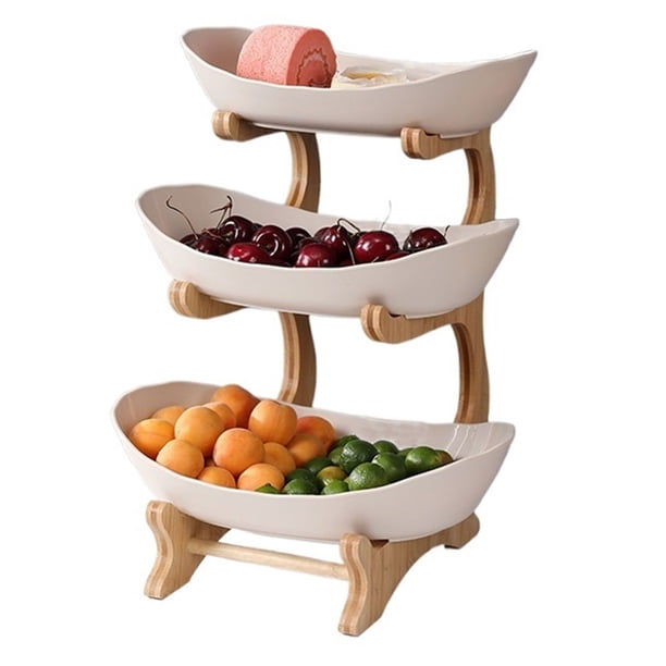 Cesta plástica del frutero for la encimera de la cocina, tenedor de fruta con el soporte de bambú