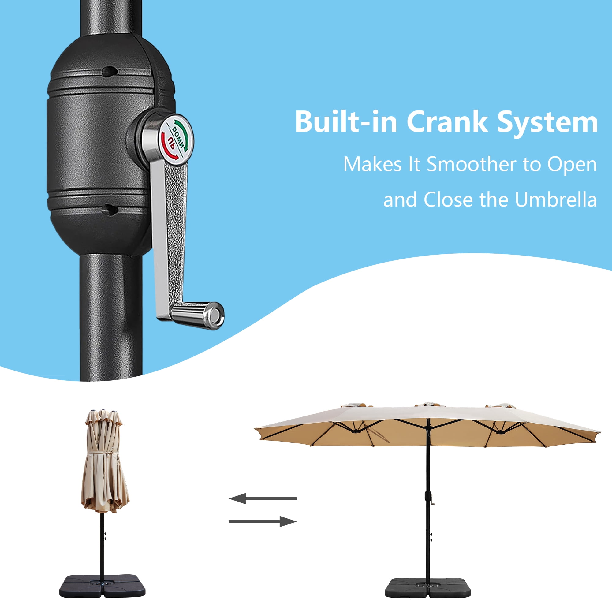 Abble 15x9 ft Large Double Sided Rectangular Patio Market Umbrella with Crank Lift - Heavy Duty Steel Sun Shade in Tan