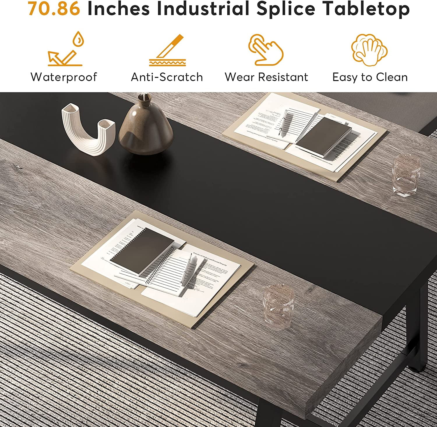 Tribesigns 6-Seater Conference Table, 70.87"L Vintage Wood Executive Desk with Strong Metal Frame for Meeting Room, Grey