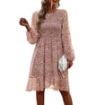 thumbnail image 1 of Vestido de manga larga para mujer, cuello redondo, vestido suelto, estampado a media cintura, falda informal elegante para mujer, marrón XL, 1 of 8
