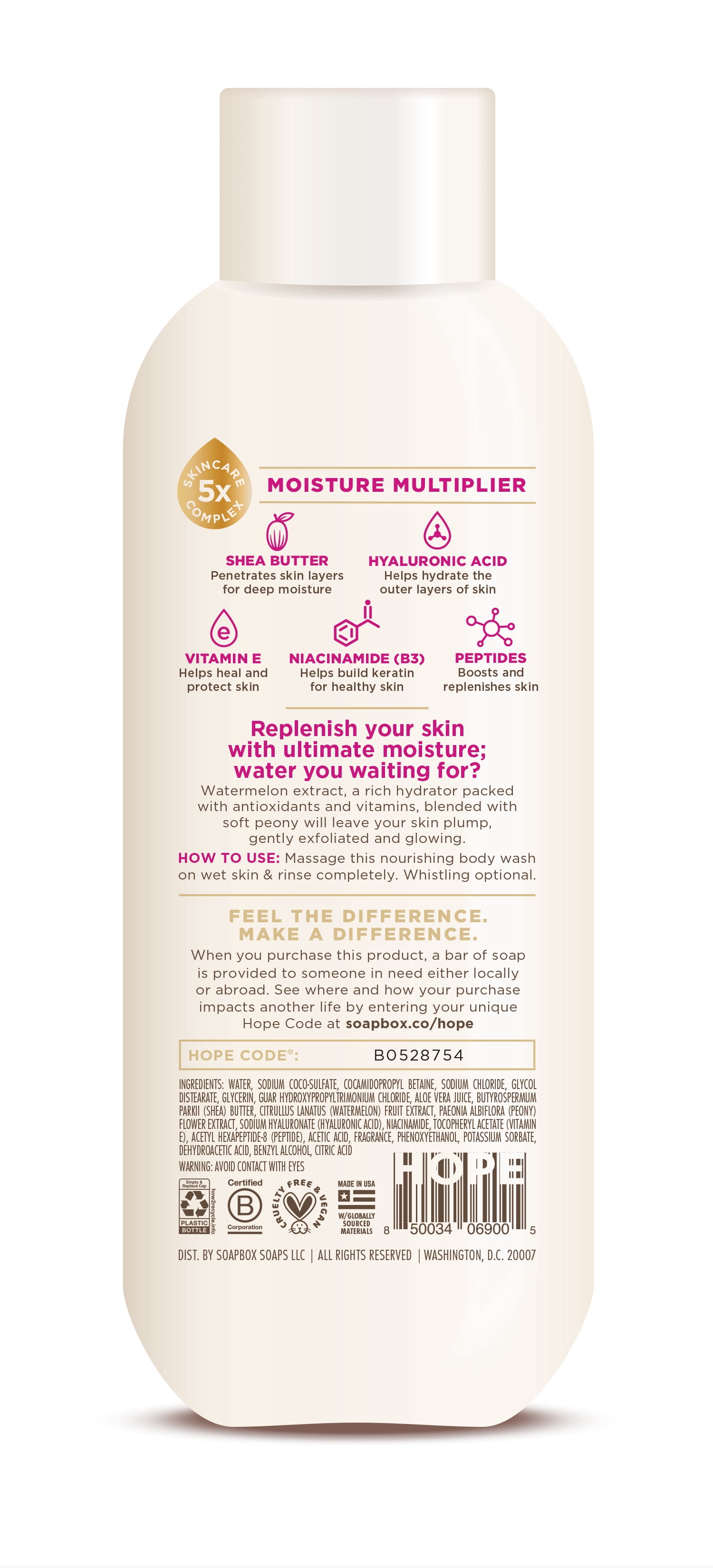 Soapbox Moisture Multiplying Body Wash for Women & Men, All Skin Types, Watermelon and Peony, 20 oz